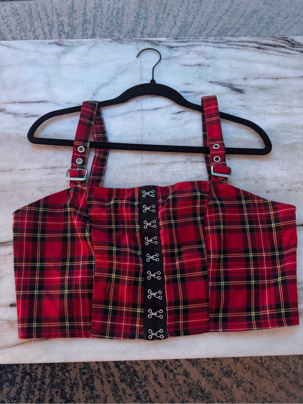 Red Plaid Hook-Front Crop Top